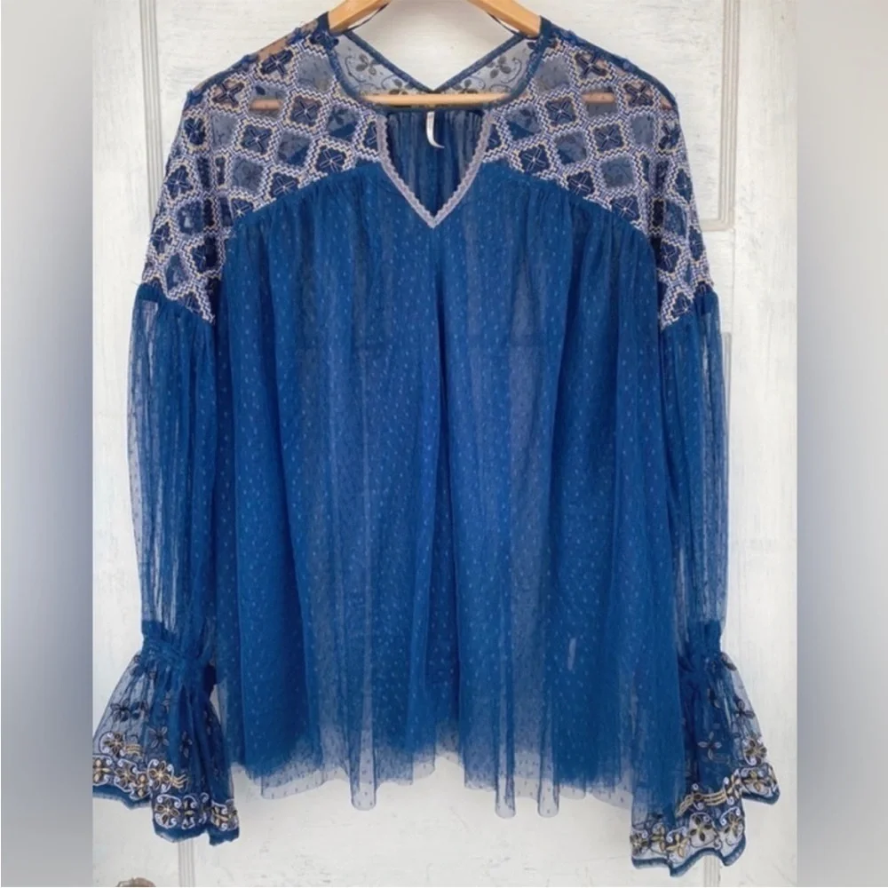 Free People Joyride Lace Embroidered long sleeve top